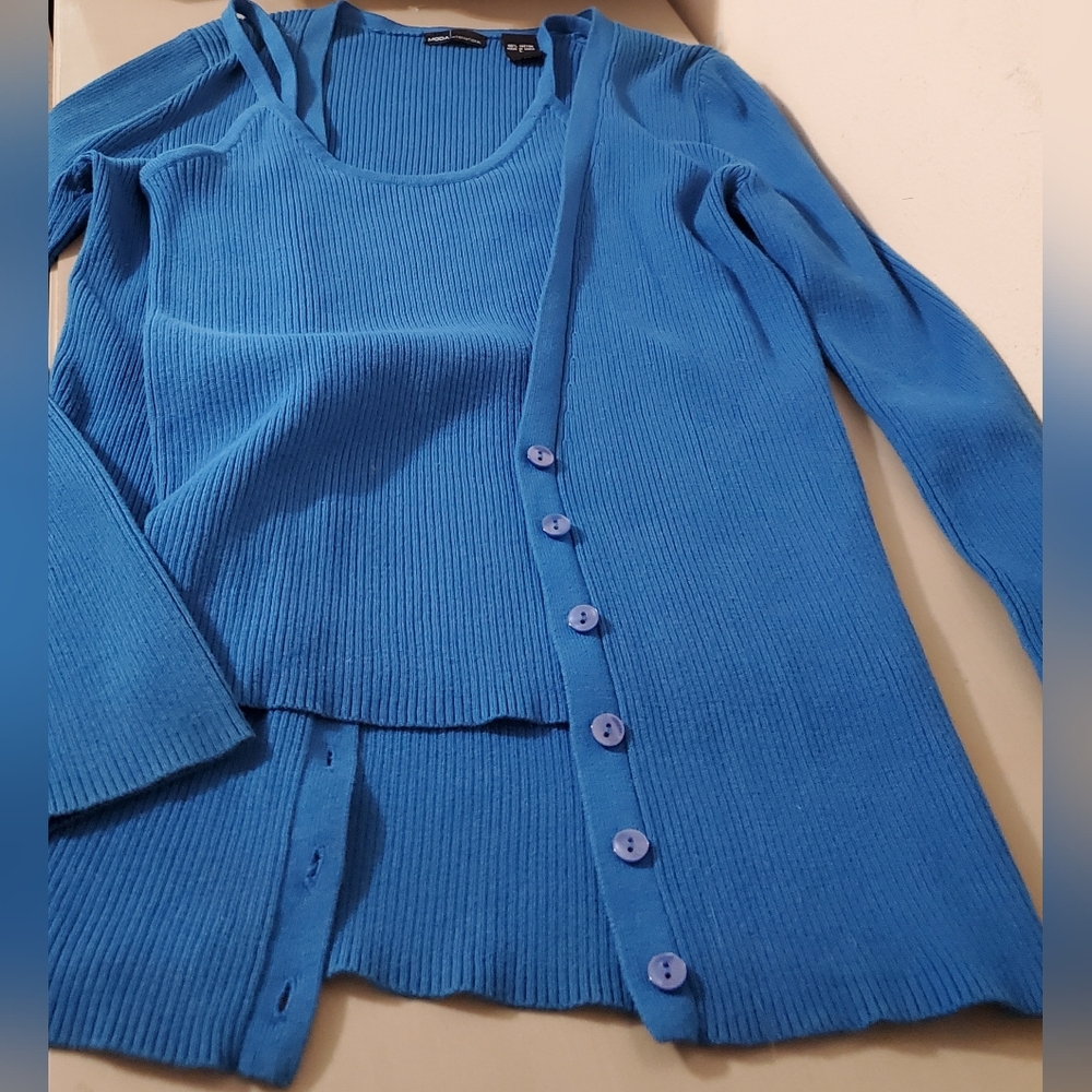 Moda International Set Royal Blue Ribbed Camisole and Cardigan Set Large Y2k